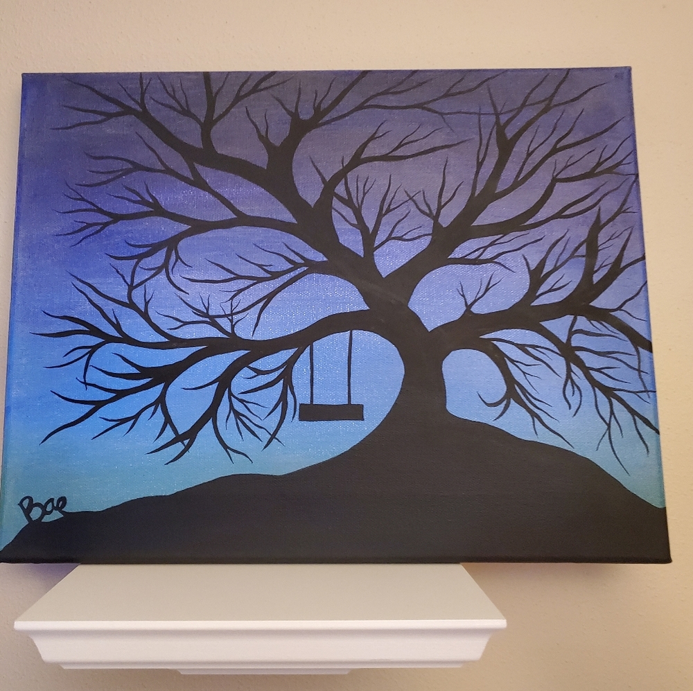 Black Tree Silhouette w/ Swing Acrylic Painting O - Picture 3 of 4